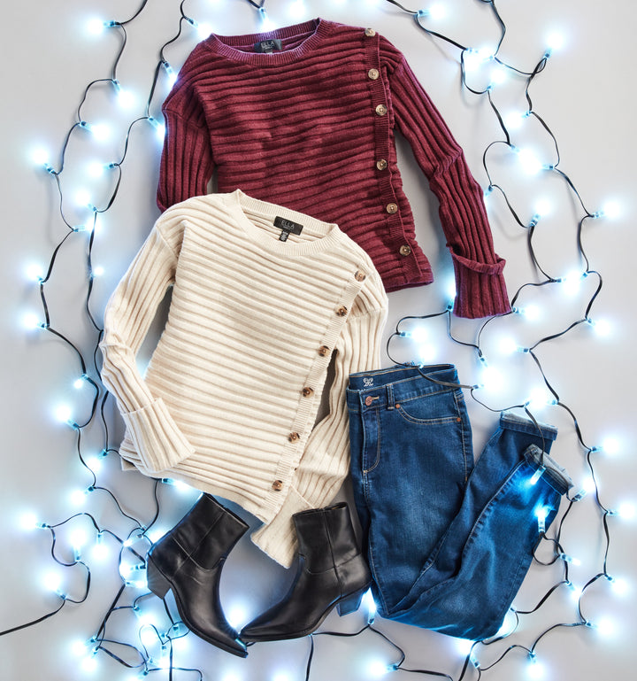 Ribbed Sweater with Button Detail (Oatmeal Heather)