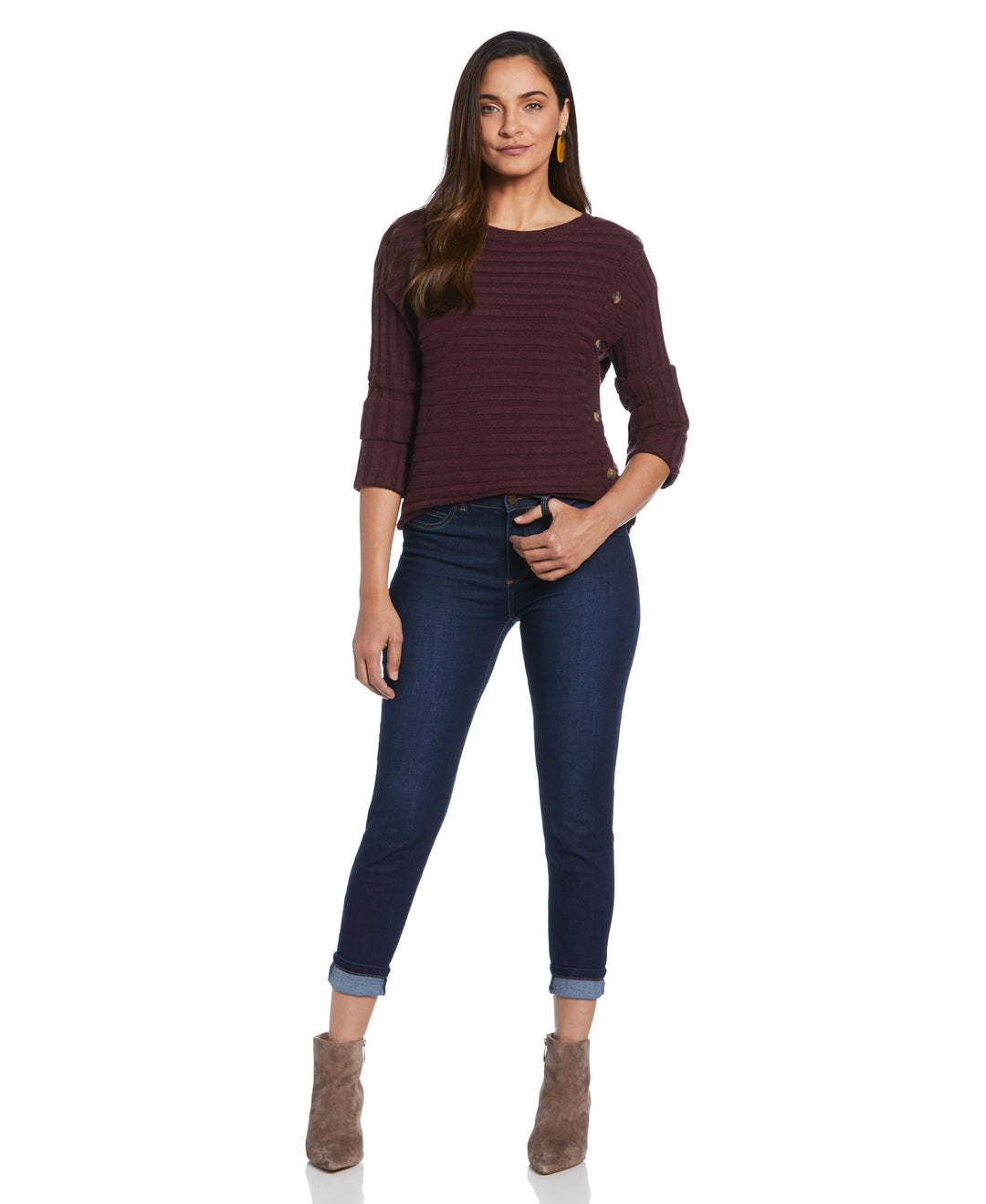 Ribbed Sweater with Button Detail (Winetasting Heather) 