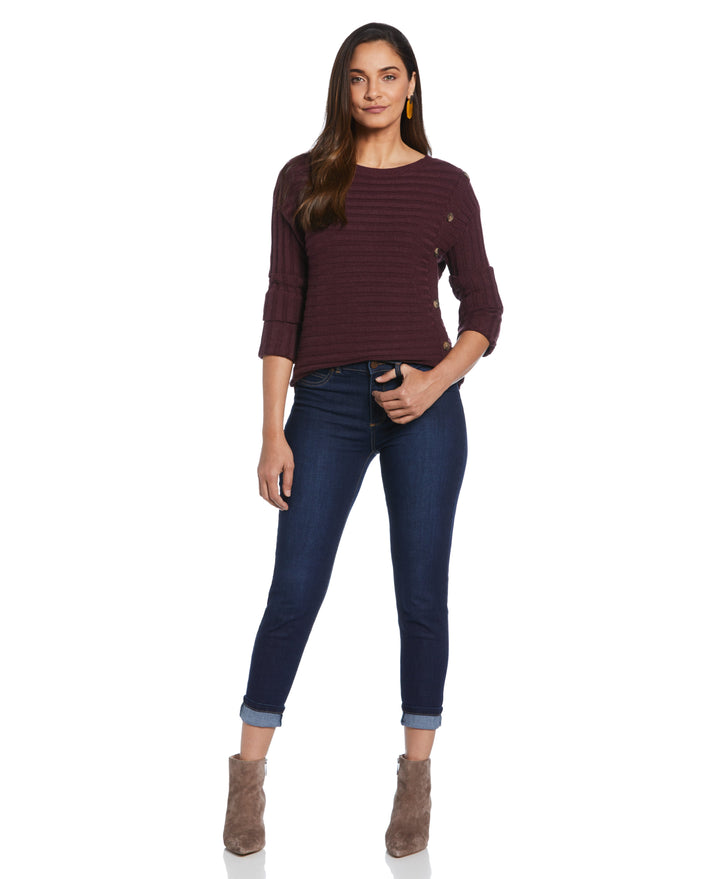 Ribbed Sweater with Button Detail (Winetasting Heather) 