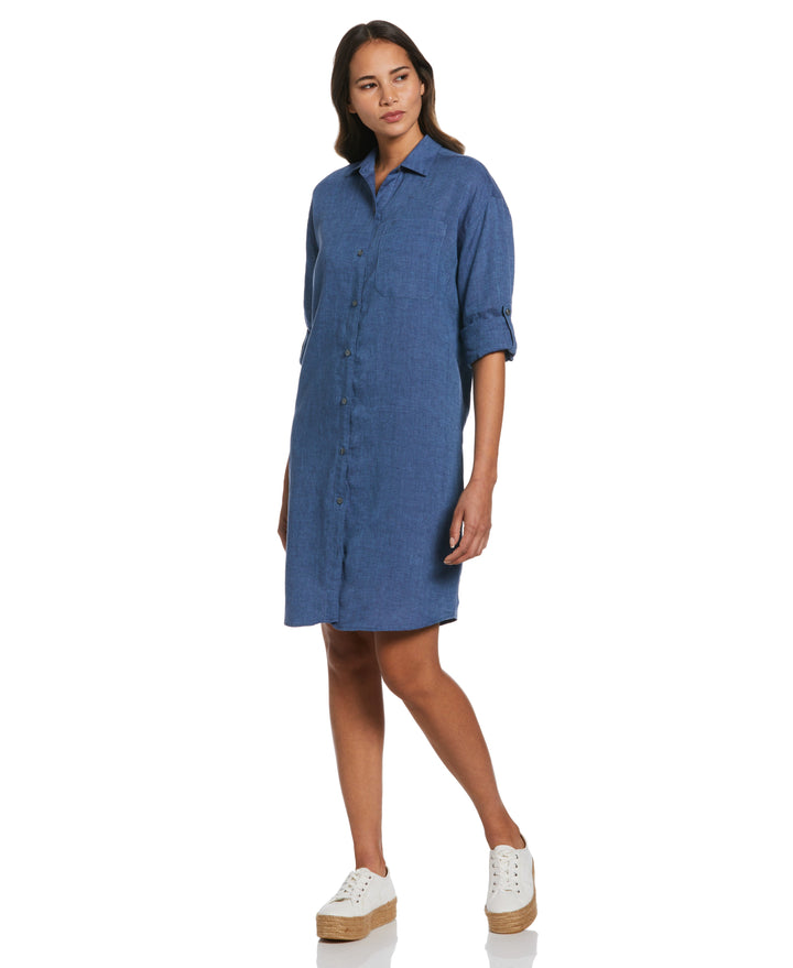 Roll Sleeve Linen Shirt Dress (Delft) 