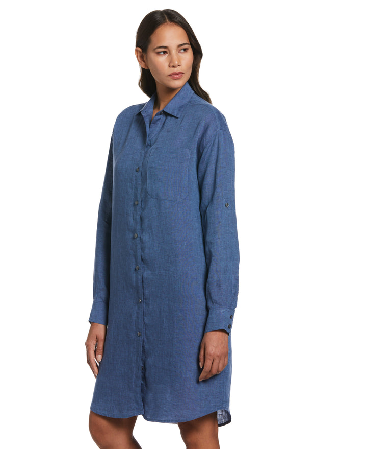 Roll Sleeve Linen Shirt Dress (Delft) 