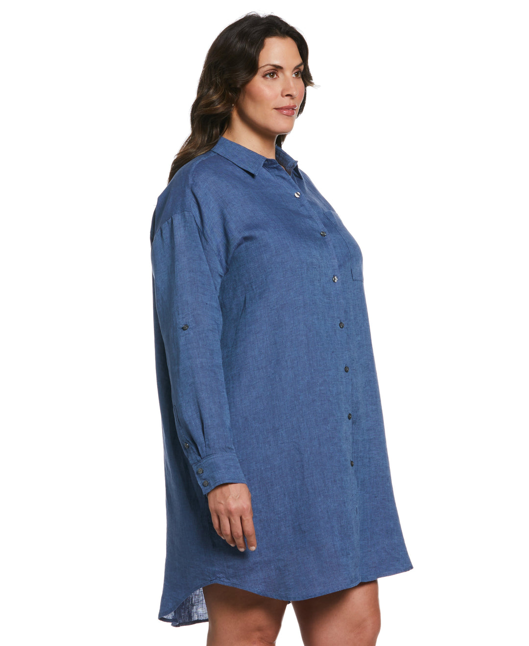 Roll Sleeve Linen Shirt Dress (Delft) 