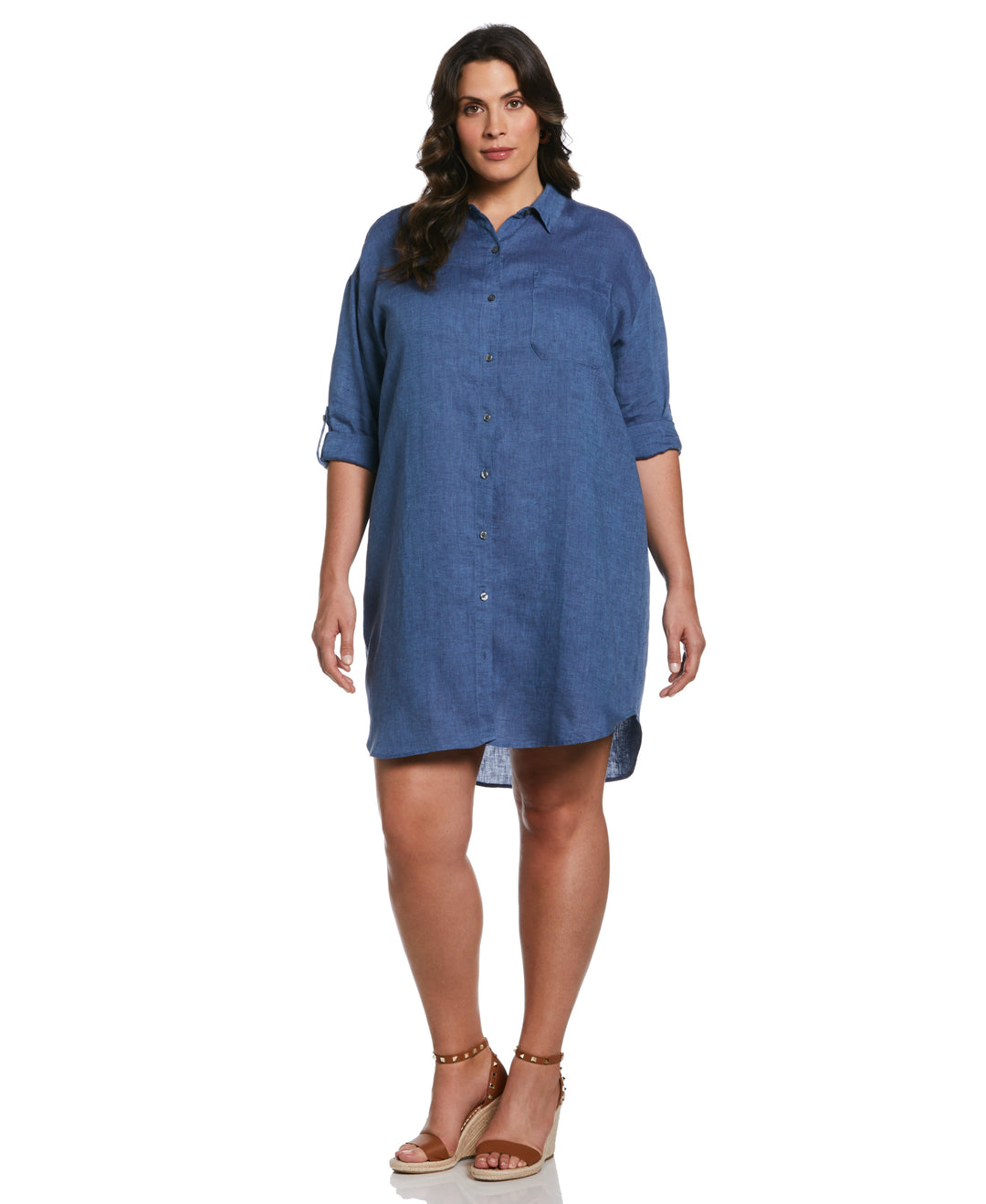 Roll Sleeve Linen Shirt Dress (Delft) 