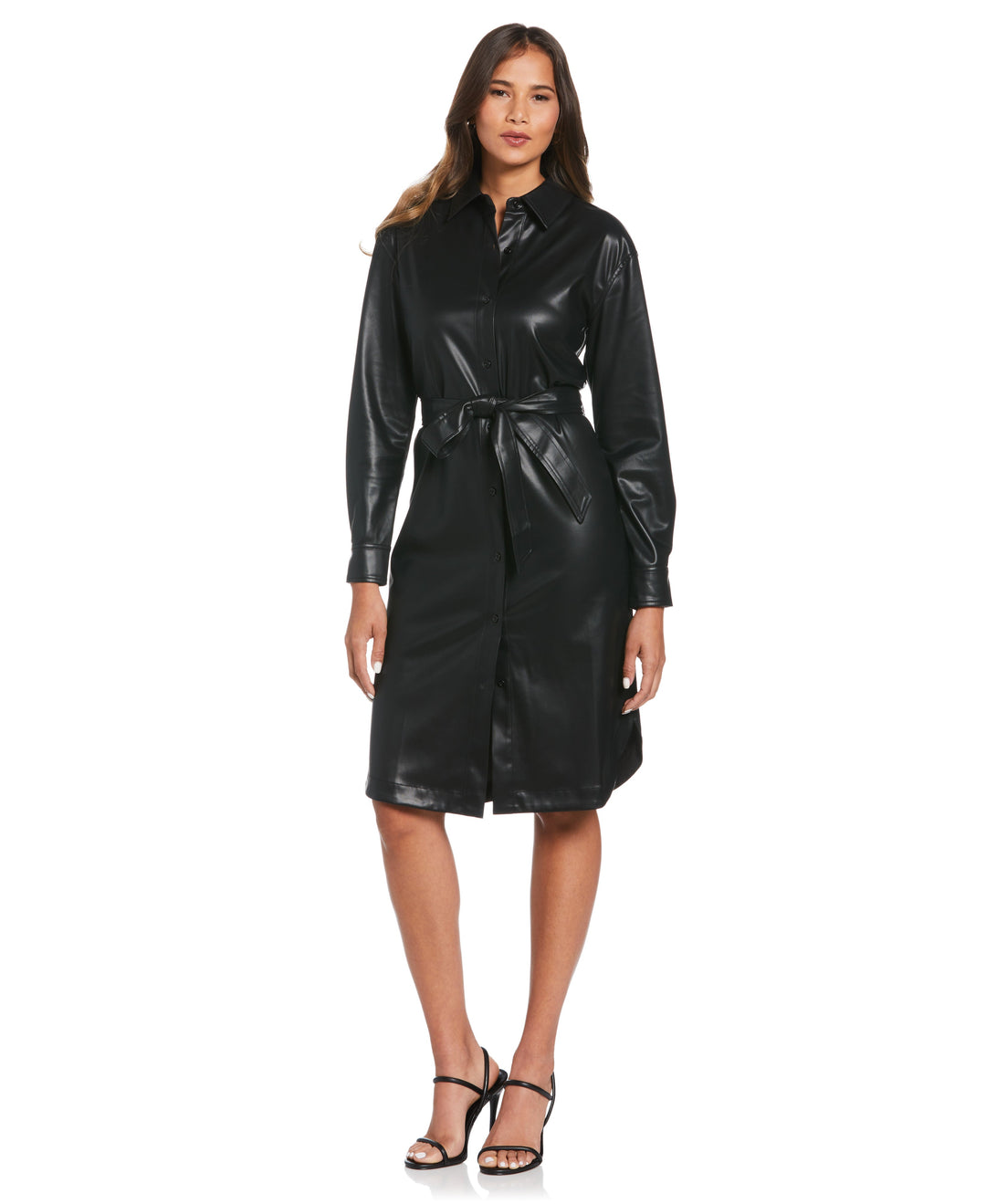 Faux Leather Shirtdress (Black) 