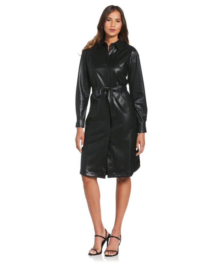 Faux Leather Shirtdress (Black) 