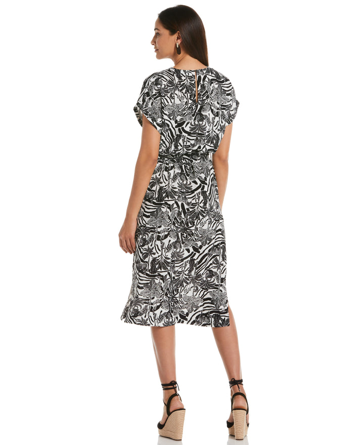 Zebra Print V-neck Midi Dress with Self Fabric Tie (White) 